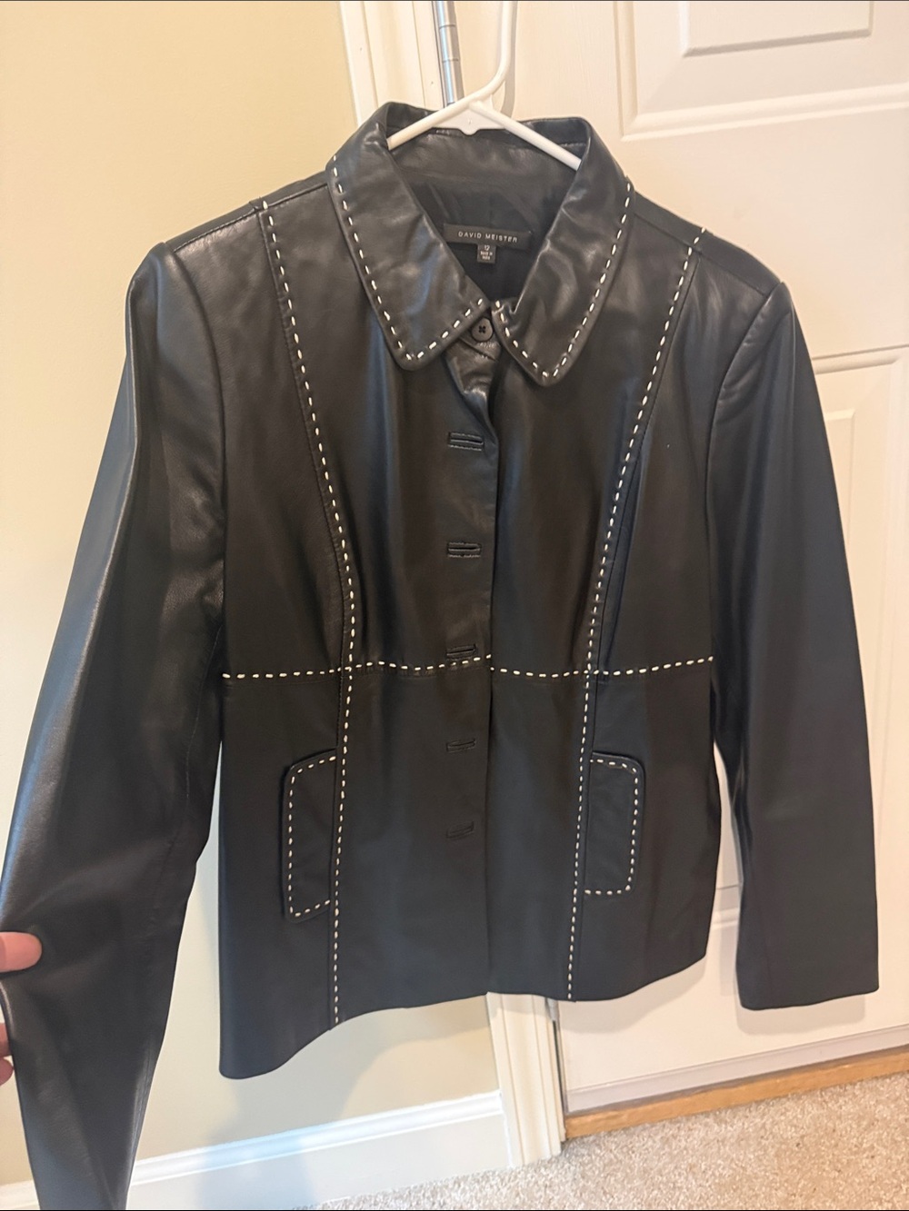 David Meister Black Leather Jacket with Contrast Stitching